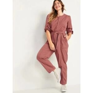 Old Navy Women’s Cotton Twill Utility Belted Jumpsuit Zipper Front Brown Size XL